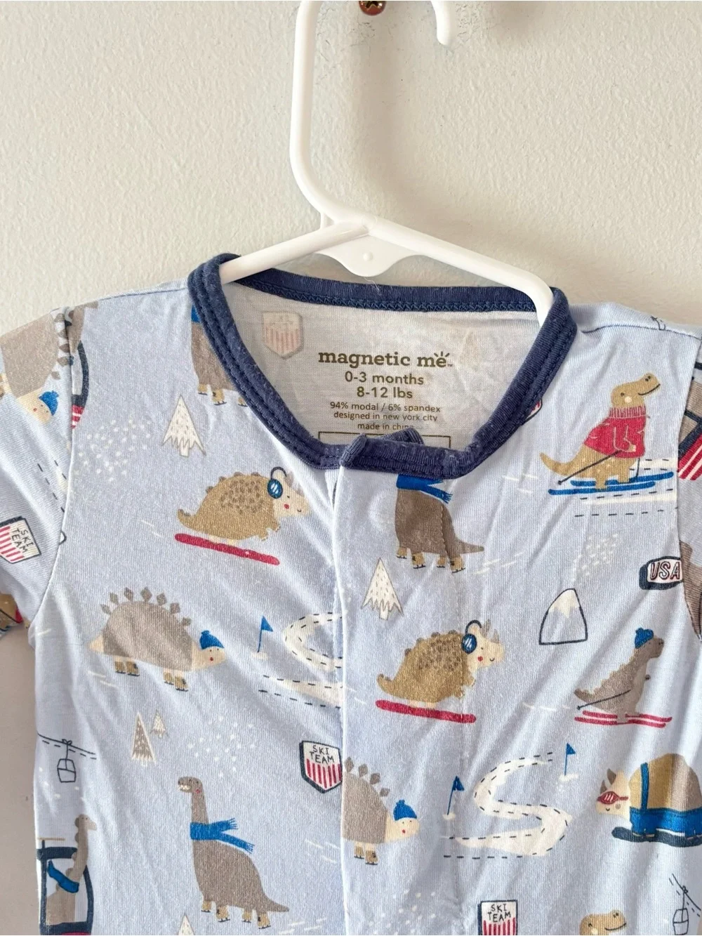 Magnetic Me Ski Rex Modal Magnetic Footie Baby Onesie Printed Blue